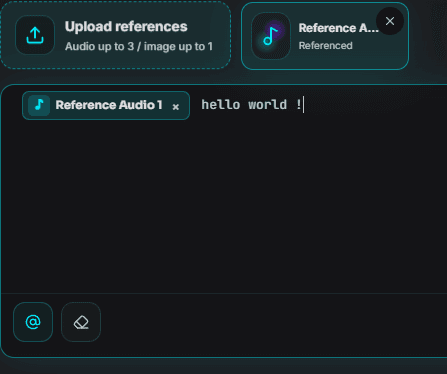 Reference voice upload panel with expressive speech controls.